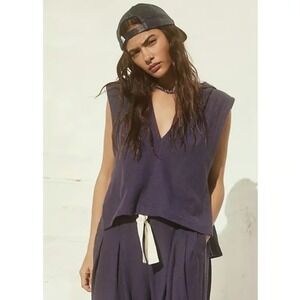FP Beach Free People Day Tripper Sleeveless Hoodie Oceana Navy Blue V Neck Small